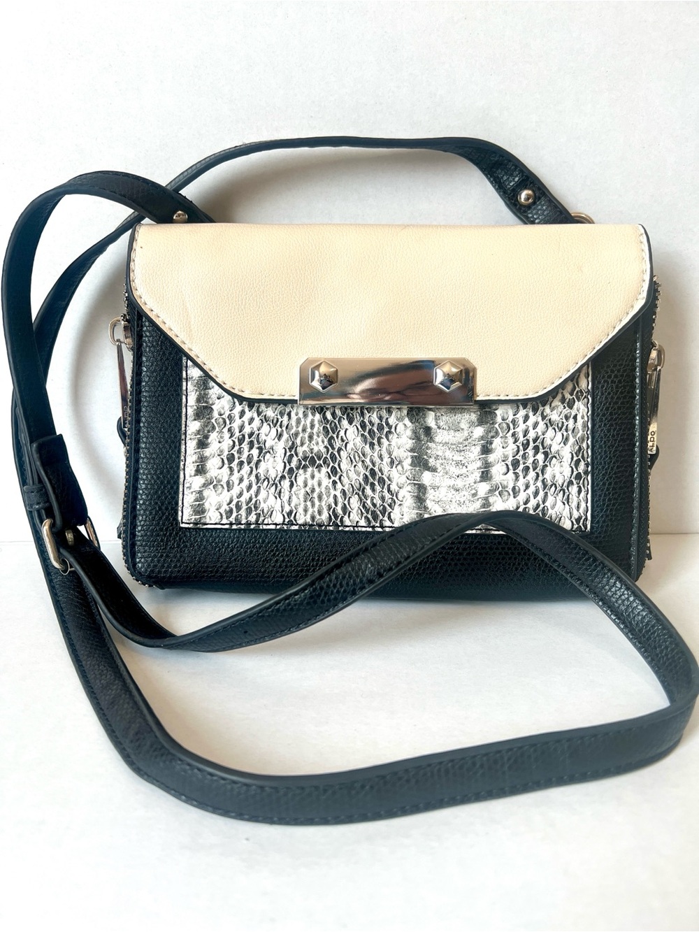 Aldo Black and Cream Crossbody Bag with Silver Hardware Snake-Print Accent